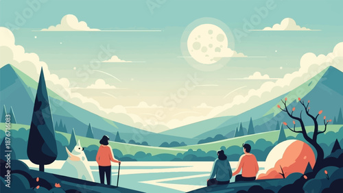 Stylized pixelated landscape with people enjoying a serene vista and a prominent moon