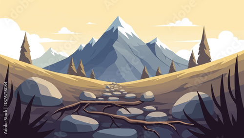 Stylized pixel art of a serene mountain landscape at dawn, with a winding path