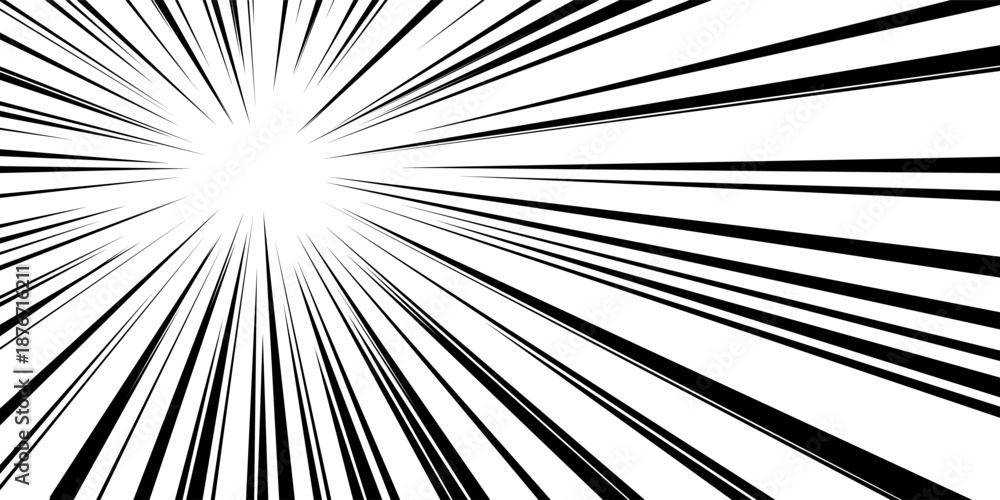 Obraz premium White radial speed lines on a black background for dramatic manga emphasis. Vector concentration rays with a grunge texture and ink splash effect to focus attention on central superhero action.