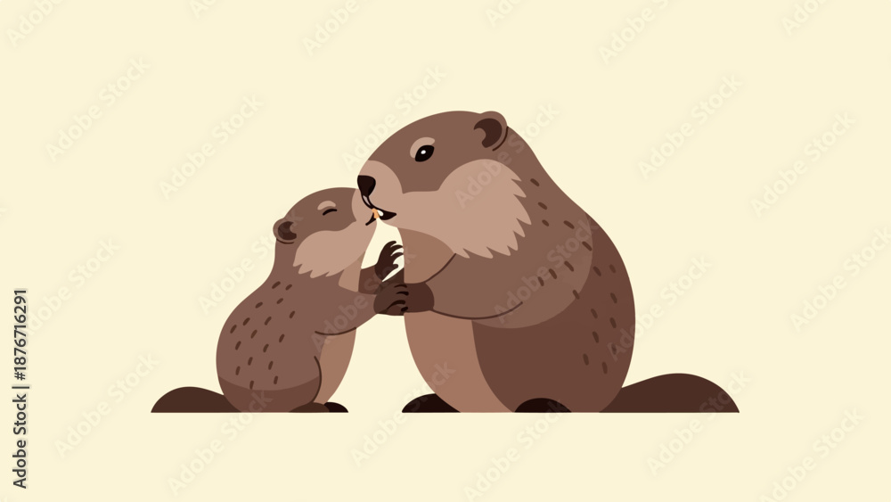 Obraz premium Two cartoon groundhogs, one small, kiss each other