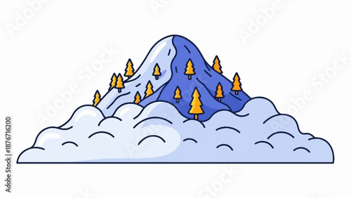 Stylized mountain peak shrouded in fluffy clouds, with sparse golden-foliaged trees