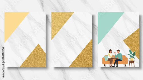 Three minimalist compositions with marble, gold glitter, and color blocks