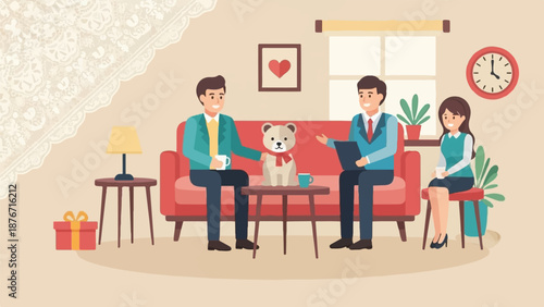 Three people, a teddy bear, and a gift in a living room with furniture and decor