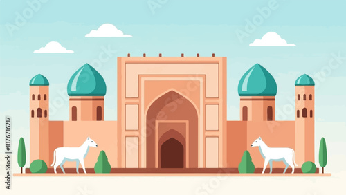 Stylized Islamic architecture with domes, towers, and twin white dogs on a simple background