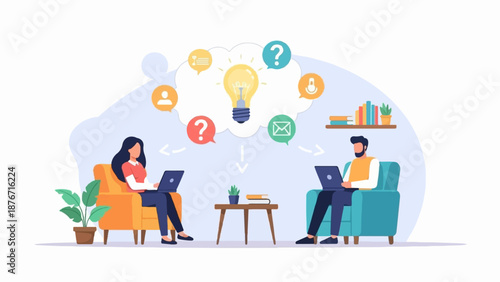 Two individuals collaborate remotely, sharing ideas via laptops and a central lightbulb concept