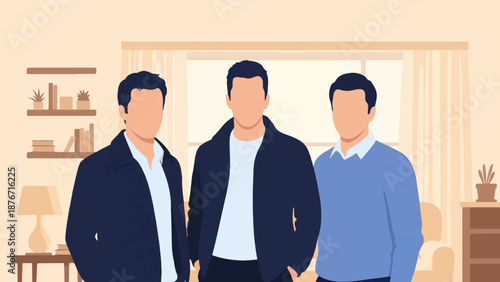 Three men standing inside a room with furniture