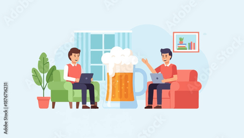 Two men relax in armchairs with laptops and a large beer