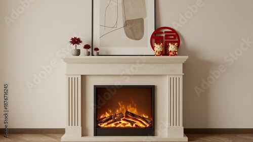 Cozy fireplace with Lunar New Year decorations