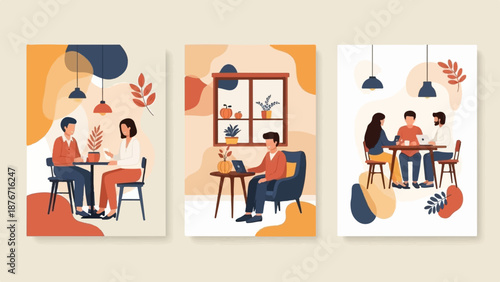 Stylized illustrations of people interacting in cozy cafe-like settings