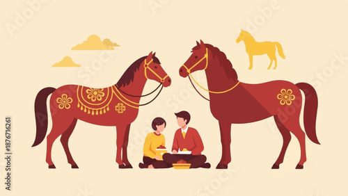 Stylized illustration of two red horses with ornate saddles, flanking a couple sharing food