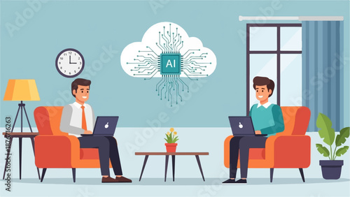 Two men relax in armchairs, working on laptops under an AI-themed cloud