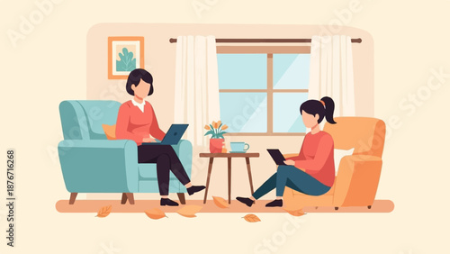 Two individuals comfortably work on laptops while seated in armchairs in a cozy living room