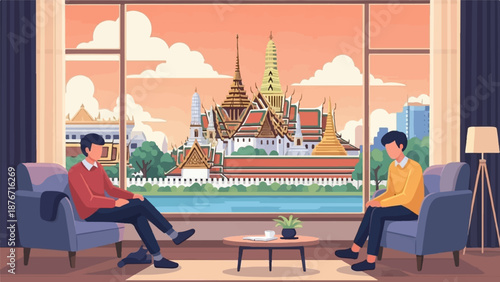 Two men relax in chairs looking out a window at a grand temple complex
