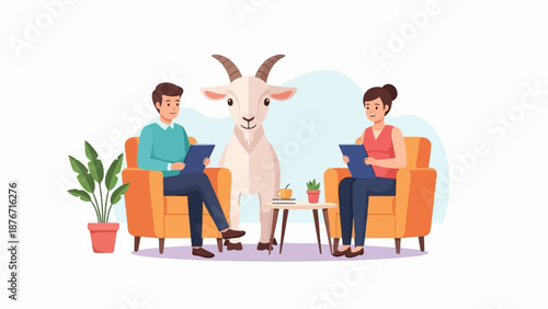 Two individuals converse with a goat in a modern living room setting
