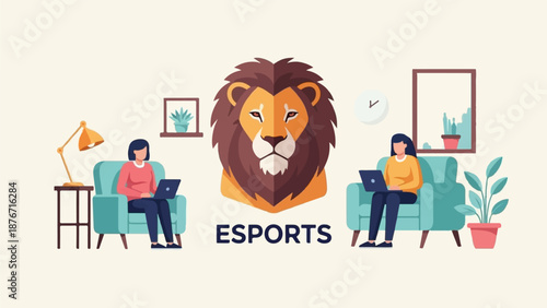 Two individuals engage in esports from home, centered around a stylized lion emblem