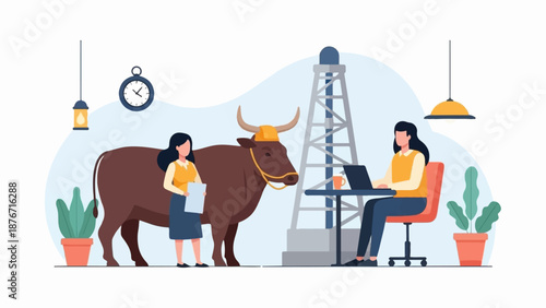 Stylized illustration of business people and a bull next to an oil rig, with plants and office decor