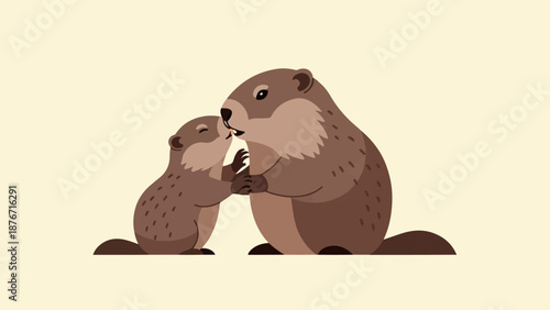 Two cartoon groundhogs, one small, kiss each other