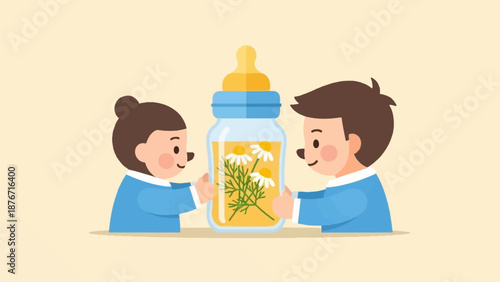 Two children hold a baby bottle containing chamomile flowers and liquid