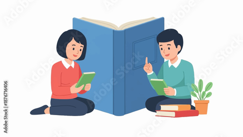 Two children are sitting on the floor and reading books