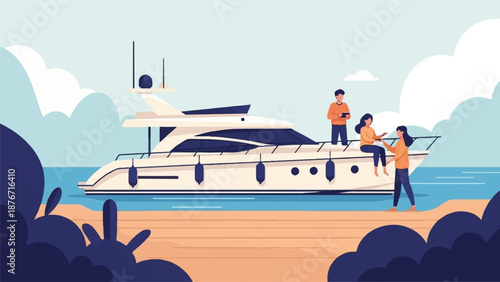 Three friends relax on a yacht on a sunny day by the ocean with clouds