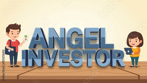 Two children interact near large 3D letters spelling "ANGEL INVESTOR