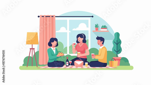 Three friends enjoy a picnic indoors near a window, with food, drinks, and plants