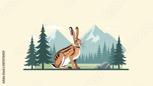Stylized illustration of a hare sitting amidst evergreen trees and distant mountains