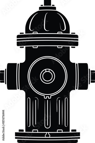 Black fire hydrant silhouette icon, emergency water supply system, firefighter equipment symbol, industrial fire safety vector illustration, isolated on white background.