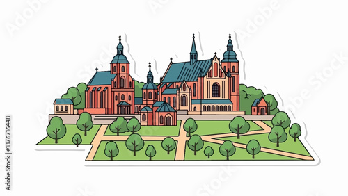 Stylized illustration of a grand complex of religious buildings surrounded by greenery and paths