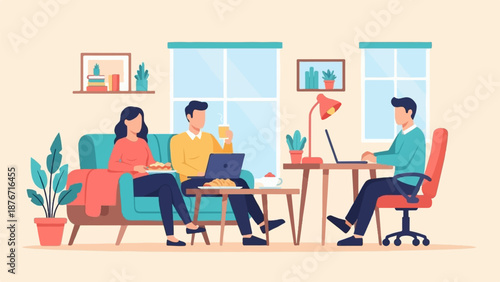 Three people working on laptops and eating indoors