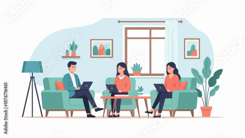 Three people working on laptops in a cozy living room with plants and art