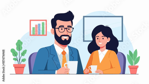 Two colleagues enjoying a casual meeting with coffee in a modern office setting