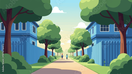 Two children walk down a sunlit path lined with blue houses and trees