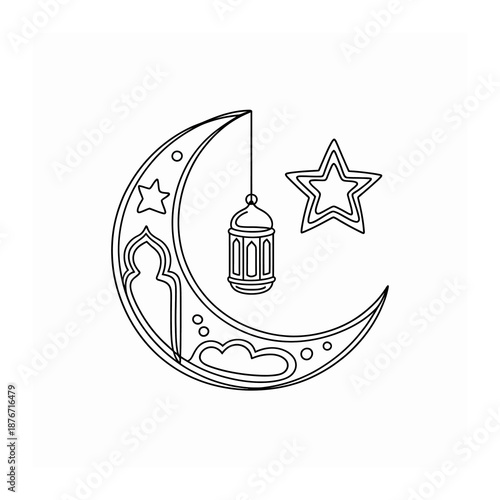 Ramadan Crescent Moon and Lantern:  A serene depiction of a crescent moon, a symbolic lantern, and a star, capturing the spiritual essence of Ramadan. 