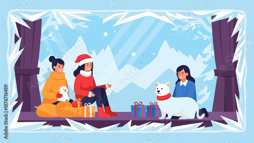 Three friends and two dogs enjoy winter gifts in an icy framed mountain landscape