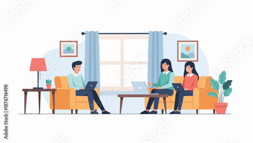 Three people working on laptops in a living room