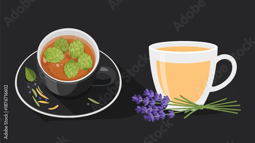 Two cups of herbal tea, one with hop cones and the other with lavender, on a dark background