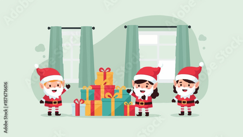 Three cheerful cartoon elves in Santa outfits stand near a pile of wrapped gifts