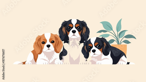 Three adorable cavalier king charles spaniels rest calmly, with a potted plant nearby