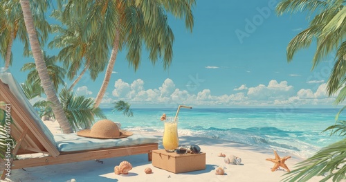 Tropical Paradise Scene with Beach Chair, Drink, and Palm Trees in Sunny Environment