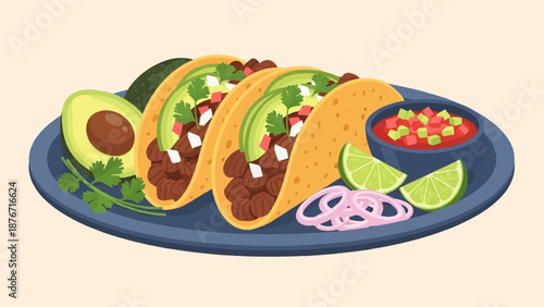Three savory tacos with fresh avocado slices, cilantro, red onion, and salsa