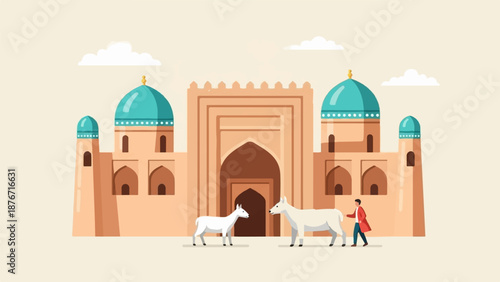 Stylized flat illustration of a historical building with domes, a man, and two animals
