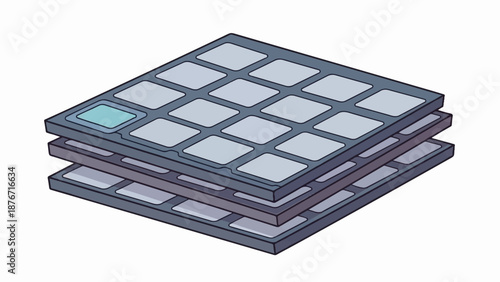 Three stacked, square electronic circuit boards with many buttons