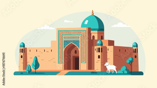 Stylized desert palace with dome, minarets, adorned entrance, trees, and a white dog