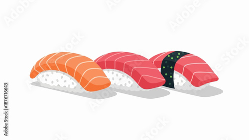 Three stylized nigiri sushi pieces with fish on white rice balls