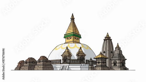 Stylized drawing of a large stupa and surrounding ancient buildings against a white background