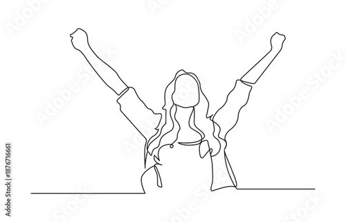 Continuous line drawing of cheering woman. Continuous one line drawing of woman rising hands up feeling happy and freedom. With speech bubble, vector illustration.  