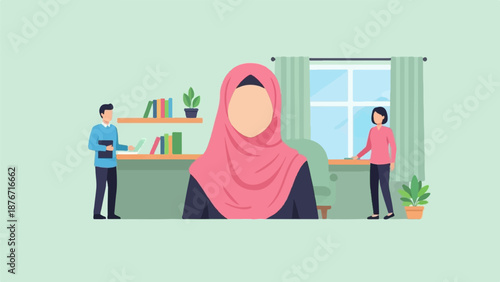 Stylized depiction of people in an indoor setting with a large figure in a headscarf