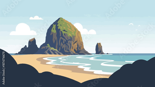 Stylized coastal scene with a large rock formation, beach, and ocean under a cloudy sky