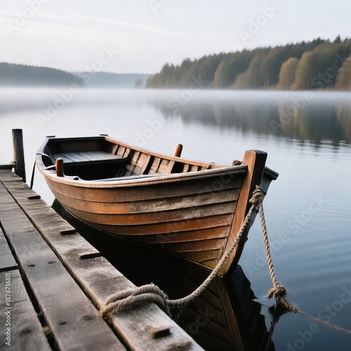 Old wooden rowboat tethered to a weathered dock on a calm lake